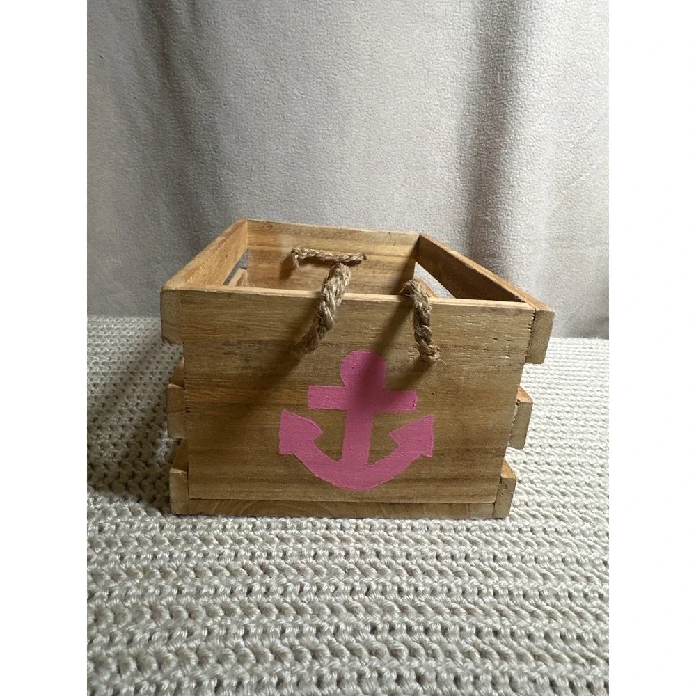 Nautical Wooden Crate Blue Pink Anchor Jute Rope Handles Rustic Storage Box
